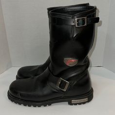 Men’s Leather Red Wings Motorcycle Engineer Boots #970 Size: Right Boot Size 11; Left Boot Size 10.5 Few Scuffs On Toe Area As Shown Boots Are Not Steel Toe Boots Are Heavy With Thick Sole Pre Owned; Barely Worn As Seen On Sole Of Boots Engineer Boots, Steel Toe Boots, Red Wing Shoes, Wing Shoes, Red Wing, Toe Boots, Motorcycle Boots, Red Wings, Shoes Black