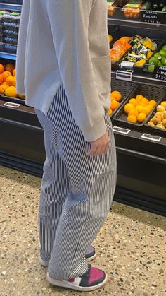 Blue Stripped Pants Outfit Women, Striped Carpenter Pants Outfit, Blue And White Striped Jeans Outfit, Stripped Pants Women, Blue Striped Jeans Outfit, Railroad Stripe Pants Outfit, Blue Stripe Trousers Outfit, Linen Pants Striped, Stripy Trousers Outfit