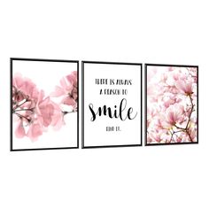 three pink flowers with the words smile on them in black and white framed art prints