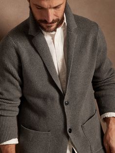 The softness of your favorite sweater meets the sharp tailored look of a blazer for the perfect, layering piece.  Crafted using our coziest organic cotton yarn using a ribbed-knit stitch for luxurious, utility inspired texture.  ORGANIC: Made with ce Men's Business Casual Sweaters & Cardigans, Luxury Men's V-neck Sweater For Workwear, Cashmere Blazer, Organic Cotton Yarn, Sweater Blazer, Textured Sweater, Knit Blazer, Knitted Coat, Favorite Sweater