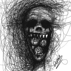 a black and white drawing of a skull with teeth on it's face, surrounded by scribbled lines