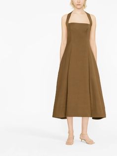 KHAITE Lalita Pleated cotton-blend Midi Dress - Farfetch Brown A-line Midi Dress For Evening, Cotton Square Neck Midi Dress For Workwear, Cotton Midi Dress With Square Neck For Work, Square Neck Cotton Midi Dress For Work, Brown Summer Midi Dress For Formal Occasions, Summer Formal Brown Midi Dress, Brown Formal Midi Dress For Summer, Brown Cotton Midi Dress For Work, Brown Square Neck Midi Dress