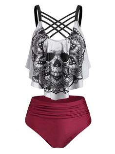 Cheap Womens Clothing Online | ROSEGAL Gothic Swimsuit, Kostum Halloween, Skull Flower, Ruched Swimsuit, Skeleton Print, Random Ideas