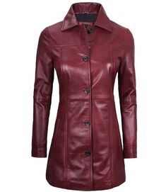 Indulge in elegance with our Women's maroon Leather Car Coat, boasting a chic 3/4 length design. Stay warm and stylish in any setting, whether you're commuting to work or out for a night in the town. you can easily drive during wearing this Coat. Made with 100% Real leather, it blends style and functionality seamlessly for any occasion.  Specification: 100% Real Lambskin Leather Internal full polyester lining Decorative seam, and 4-button closure Two side and one inside pockets Colour is maroon Red Fitted Leather Jacket For Formal Occasions, Formal Red Fitted Leather Jacket, Classic Burgundy Leather Jacket With Long Sleeves, Classic Burgundy Leather Jacket For Fall, Classic Burgundy Leather Outerwear, Burgundy Semi-formal Outerwear For Fall, Semi-formal Burgundy Outerwear For Fall, Classic Burgundy Leather Jacket, Classic Fitted Burgundy Leather Jacket