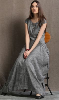 Gray Linen Dress  Long Maxi Boho Style Short Sleeved Shift