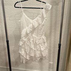 Nwt. Anthropologie White V Neck Asymmetrical Ruffle Mini Dress. Size 8 Spring Dress With Asymmetrical Neckline And Ruffles, Spring Dress With Ruffles And Asymmetrical Neckline, Spring One Shoulder Dress With Ruffle Hem, Spring Sleeveless One Shoulder Dress With Ruffle Hem, Summer One Shoulder Sleeveless Dress With Ruffle Hem, White One-shoulder Mini Dress With Ruffle Hem, Spring One Shoulder Sleeveless Dress With Ruffle Hem, Spring One-shoulder Sleeveless Dress With Ruffle Hem, Summer Dress With Ruffle Hem And Asymmetrical Neckline