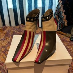 Amazing, Unique Moschino Booties. Worn Once. Red, Beige, Navy And Olive Green Brown Leather High-top Heels, Brown High-top Leather Heels, Retro Ankle-high Leather Heels, Chic Multicolor Leather Boots, Moschino Shoes, Fashion Staples, Swedish Clogs, Shoes Unique, Ankle Booties