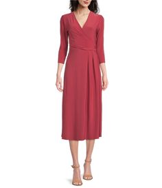 From Investments, this dress features:v-neckline3/4 sleevesfaux wrap detailpullover constructionapprox. 47.5" lengthpolyester/spanmachine washImported. Dress For Petite Women, Black Tie Formal, Wrap Midi Dress, Flattering Dresses, Chiffon Gown, Mini Shirt Dress, Long Sleeve Mini, Faux Wrap Dress, Petite Dresses