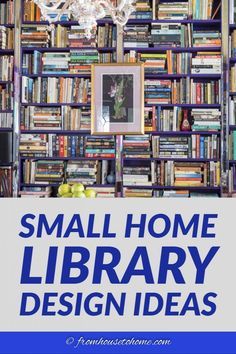 a book shelf filled with books next to a chandelier and some pictures on the wall