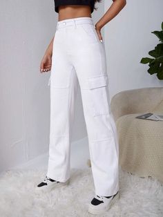 Add a contemporary edge to your wardrobe with these Pocket Side Cargo Jeans. Made from durable denim material, these white jeans feature a regular fit and a flattering high waistline. The straight-leg silhouette offers a classic look, while the cargo pants style adds an urban touch. Features: Color: White Pattern Type: Plain Type: Straight Leg Jeans Style: Cargo Pants Closure Type: Zipper Fly Details: Button, Pocket, Zipper Length: Long Fit Type: Regular Fit Fabric: Non-Stretch Material: Denim C White Cargo Jeans, Cargo Design, The Perfect Jeans, Cargo Pants Style, Jeans Details, Style Cargo Pants, Paisley Shorts, Jean Pockets, White Denim Jeans