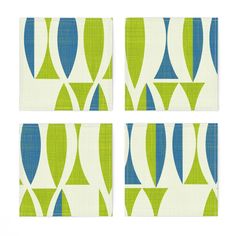 four blue and green geometric designs on white paper