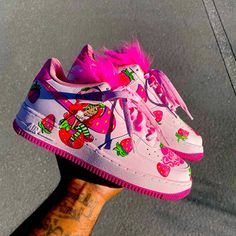 Strawberry Shortcake Air Force Ones Strawberry Nike Shoes, Cookie Monster Air Force 1, Customized Air Forces, Customize Jordans, Strawberry Shortcake Shoes, Custom Dunks Low, Custom Shoes Air Force, Air Nike Shoes, Custom Jordan Shoes