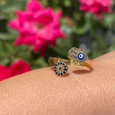 CZ Evil Eye & Hamsa Ring, Adjustable Ring, Stacking Ring, Blue, Turquoise, White Color Options, 14K Gold Plated Eye Ring, Anillo Mal De Ojo. Hypoallergenic, Nickel Free Ring This Charm Ring is ADJUSTABLE. This is suitable for every sizes. This Flower ring can be used as JOINT RINGS as well. It is completely Handmade. We hope this elegant and spectacular ring can be a great choice for Birthday Gift - Mothers Day Gift - Christmas Gift. Our collection is Handcrafted with love in Turkey. The most un Adjustable 14k Gold Turquoise Jewelry, Adjustable Turquoise 14k Gold Jewelry, Yellow Gold Evil Eye Jewelry For Anniversary, Yellow Gold Evil Eye Round Ring, Blue Birthstone Gold-plated Jewelry, Adjustable Blue Birthstone Jewelry, Blue Birthstone Jewelry In Gold Plated, Gold Plated Blue Rings As Gift, Spiritual Evil Eye Ring Jewelry