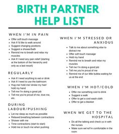 the birth partner help list is shown in green and white with black lettering on it