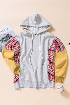 Aztec Patch Pullover Hoodie Autumn Sleeve, Half Zip Hoodie, Women's Hoodies, Denim Coat Jacket, Knit Hoodie, Drawstring Hoodie, Aztec Print, Plus Size Lingerie, Mixing Prints