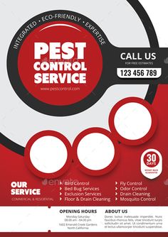 a red and white flyer for pest control service with three circles on the front, one circle