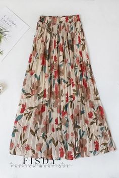 Fisdy - Chic Chiffon Maxi Skirt with Beautiful Floral Print and High-Waisted Design Floral Print Chiffon Skirt, Non-stretch Multicolor Floral Print Skirt, Floral Print Chiffon Skirted Bottoms, Beige Floral Print Skirt, Beige Floral Print Long Skirt, Flower Long Skirt, Chiffon Maxi Skirt, Gowns Dresses Elegant, High Waisted Maxi Skirt