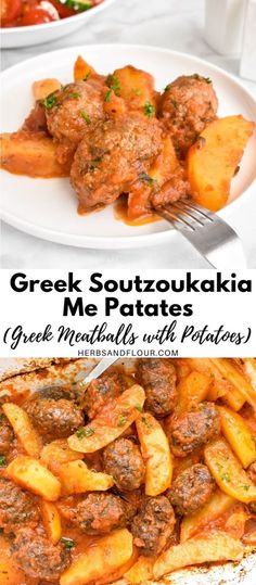 greek meatballs with potatoes served on a white plate