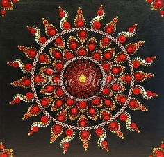 an abstract painting with red and gold accents on black background, depicting a circular design in the center