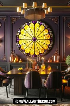 a dining room table with chairs and a large stained glass window in the wall behind it