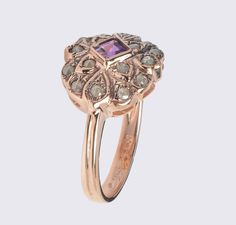 Amethyst Gold Ring - February Birthstone - Vintage Ring with Amethyst - Diamond Ring - 14K Rose Gold Purple Rose Cut Diamond Rings In 14k Gold, Purple 14k Gold Ring With Rose Cut Diamonds, Purple 14k Gold Rings With Rose Cut Diamonds, Purple Diamond Ring With Rose Cut For Gift, Gold Amethyst Rings With Rose Cut Diamonds, Purple Rose Cut Diamond Ring As A Gift, Elegant Rose Gold Multi-stone Amethyst Ring, Fine Jewelry Amethyst Promise Ring With Rose Cut Diamonds, Amethyst Ring With Rose Cut Diamonds