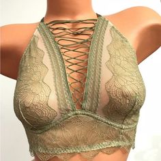 This Bralette Is Beautiful. Victoria Secret Very Sexy Collection. New With Tags. Green And Beige/Tan Pattern. No Wire. Back Closure. Green Lace Party Bra, Victoria's Secret Stretch Bra With Straps, Burgundy Bra, Black Lace Bra, Triangle Bralette, Racerback Bra, Back Women, Victoria Secret Bras, Bra And Panty Sets