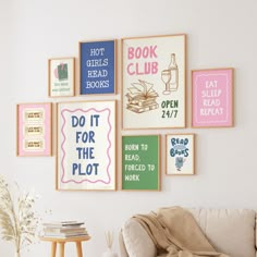 a living room filled with furniture and lots of framed pictures on the wall above it