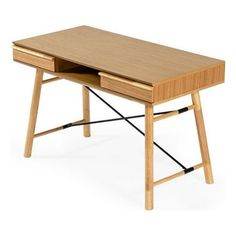 a small wooden desk with two drawers on one side and an open drawer on the other