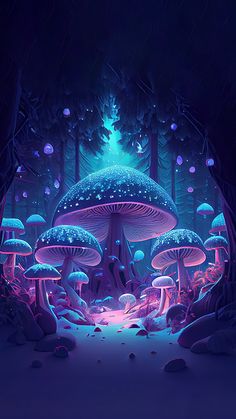 a group of mushrooms in the middle of a forest at night with bright lights on them