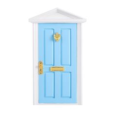 a blue door with a white roof and two gold handles on the front, against a white background