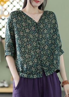 Loose Green Button Print Cotton Blouse Half SleeveFabric: Cotton 45%, Linen 55%Size & Fit: Fit: This garment fits true to size.Length: Size 2XL measures 21.06"from shoulder to hemBust: Great for any cup size. Waist: Loose Fit. Comfortable room throughout midsection.Hip: Loose Fit - room for hips. Hand Wash Cold. Relaxed Fit V-neck Blouse With Buttons, Green V-neck Shirt With Button Closure, Non-stretch Summer Blouse With Buttons, Green V-neck Blouse With Buttons, Rayon V-neck Top With Button Closure, Non-stretch Casual Blouse With Buttons, Casual Non-stretch Blouse With Buttons, Non-stretch V-neck Tops With Button Closure, Non-stretch V-neck Top With Button Closure