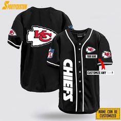 Kansas City Chiefs Custom Name Nfl Baseball Jersey Shirts For Awesome Fans is a unique jersey designed for NFL and baseball fans. It is made of high-quality, breathable, and comfortable material. The design features a stylish collar that exudes a sporty look. The NFL logo and team name add a touch of professionalism. This product [...] Black Cotton Baseball Jersey For Fan Gear, Black Baseball Jersey For Sports Fans With Letter Print, Black Sports Fan Baseball Jersey With Letter Print, Black Cotton Baseball Jersey With Team Logo, Baseball Season Fan Apparel Jersey With Letter Print, Baseball Season Fan Gear Jersey With Letter Print, Baseball Season Jersey With Letter Print, Team Spirit Jersey With Letter Print For Baseball Season, Team-colored Letter Print Baseball Jersey For Sports Fans