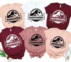 four t - shirts with the words grandmasauruss printed on them, including an image of a dinosaur