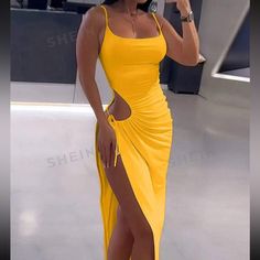 Brand New Still In The Packaging, Yellow Dress With Side Split. High Stretch, Slim Fit, 95% Polyester, 5% Elastane Fitted Maxi Dress With Drawstring, Yellow Floral Summer Dress, Blue Velvet Dress, Purple Floral Dress, Plus Size Bodycon, Flower Yellow, Sequin Bodycon Dress, Shein Dress, Strapless Midi Dress