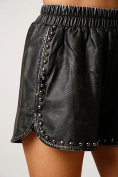 Studded Acid Wash Faux Leather Shorts- Elastic waistband- Dolphin hem- Studded front detail55% Rayon 45% Polyester Faux Leather Shorts, Snake Leather, Leather Short, Leather Shorts, Shorts Black, Acid Wash, Faux Leather, Womens Shorts, Elastic