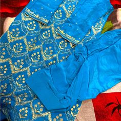 Beautiful Blue Embroidered Salwar Suit Totally New Never Worn 38 Bust Festive Blue Embroidered Fitted Fabric, Fitted Blue Fabric With Chikankari Embroidery, Festive Blue Sets With Intricate Embroidery, Fitted Blue Sets With Intricate Embroidery, Blue Semi-stitched Embroidered Fabric, Fitted Blue Sets With Resham Embroidery, Blue Traditional Fitted Embroidered Fabric, Semi-stitched Blue Sets With Intricate Embroidery, Designer Wear Blue Fabric With Intricate Embroidery