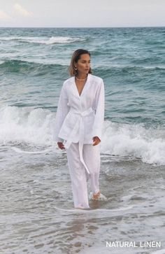 These natural women's pajama-style suits are made of organic linen fabric and are perfect for a walk or for home. Details are a belt on the waist and wooden buttons. The suits look really gorgeous!  This material absorbs excess moisture from the skin and does not conduct static electricity. Composition: 100% linen WE OFFER DISCOUNTS ON THE MULTIPLE ORDER (just write to us to know the details). Elegant and comfortable linen jacket and pants. The perfect outfit for everyday or special occasions. A Chic Luxury Linen Sets, Luxury White Tunic Sets, Luxury Chic Linen Sets, Luxury White Cotton Silk Sets, Luxury Unstitched White Sets, Luxury Off-white Silk Sets, Luxury White Jamawar Sets, Luxury Linen Sets For Women, Luxury White Sleepwear For Spring