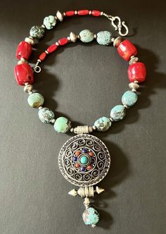 Tibetan Ghau Gau Turquoise &  Red Coral Vintage Nepalese Boho handmade Necklace.  | eBay Tibetan Jewelry Boho, Boho Handmade, Genuine Turquoise, Handmade Boho, Handmade Necklace, Red Coral, Handmade Necklaces, Coral, Turquoise