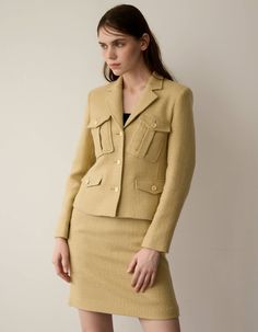 Beige Tweed Jacket With Lapel Collar For Work, Tweed Outerwear With Flap Pockets For Work, Fitted Tweed Jacket With Patch Pockets For Spring, Beige Tweed Jacket With Welt Pockets For Office, Office Tweed Blazer With Pockets, Tweed Jacket With Flap Pockets For Workwear, Long Sleeve Tweed Jacket With Flap Pockets For Work, Tailored Fall Skirt Suit With Pockets, Fitted Beige Tweed Jacket With Pockets