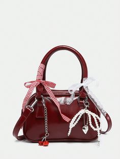 Women's Cute Ballet Style Cherry Pearl & Bow Decor Mini Handbag, Fashionable Burgundy Bag Burgundy Preppy   PU Leather Plain,Tribal Dome Bag   Women Bags, size features are:Bust: ,Length: ,Sleeve Length: Cute Bags From Shein, Vintage Purses Retro, Cute Purses Designer, Bag With Accessories, Coquette Purses, Samo Ondoh Bag, Cute Bags And Purses, Fancy Bags Purses, Baddie Bags