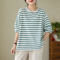 Details: Gender: Women Item Type: T-Shirt Material: Cotton Pattern Type: Stripe Season: Summer Style: Leisure, Daily, Retro Occasion: Going Out, Daily Size: One Size Length: 63.00 cm/ 24.80 " Bust: 124.00 cm/ 48.82 " Shoulder: 54.00 cm/ 21.26 " Sleeve: 29.00 cm/ 11.42 " Green T-shirt For Everyday Spring Wear, Striped Cotton T-shirt For Spring, Spring Striped Cotton T-shirt, Simple Crew Neck Top For Spring, Everyday Crew Neck Spring Shirt, Simple Crew Neck Spring Top, Simple Spring Crew Neck Top, Simple Crew Neck Shirt For Spring, Striped Relaxed Fit T-shirt For Spring