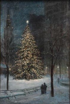 a painting of a christmas tree in the middle of a snowy park with people standing around it