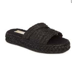 Strappy Raffia Slip On Sandal A Straps Upper 1.5'' Heel With 1.25'' Platform Size: 10 Color: Black Slip-On Cushioned Footbed Textile Upper Textile Lining Rubber Sole New Without Box Summer Black Espadrilles For The Beach, Black Summer Espadrilles For Vacation, Black Espadrilles For Summer Vacation, Casual Black Woven Sandals, Black Sandals With Woven Sole For Beach Season, Black Open Toe Summer Espadrilles, Synthetic Espadrilles With Textured Sole For Vacation, Black Open Toe Straw Wedge Sandals, Black Adjustable Espadrilles For Vacation