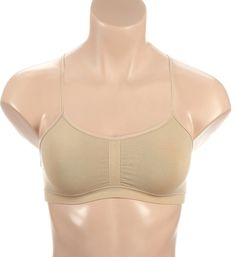 Pretty bra with on-trend styling, a soft feel, and a comfortable stretch fit. Wireless cups are lined, with pockets for crescent-shaped, removable padding, included. Sewn-on elastic at neck edge for fit. Ruched rib-knit between cups for comfortable custom stretch. Ribbed underband for soft-hugging fit and light support. Sides and back have a sewn-on elastic edge at top and a ribbed underband at bottom. Exposed elastic straps adjust at top back with goldtone metal hardware. Lace racerback frees u Fitted Seamless Sports Bra With Adjustable Straps, Fitted No-show Sports Bra With Built-in Bra, Fitted Beige Sports Bra With Removable Pads, Fitted Beige Sports Bra With Built-in Bra, Fitted Full Coverage Beige Sports Bra, Fitted Seamless Beige Sports Bra, Beige Fitted Full Coverage Sports Bra, Fitted Beige Seamless Sports Bra, Casual Fitted Seamless Bra