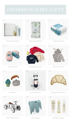 the baby gift guide is displayed in blue, white and gray colors with an elephant on it