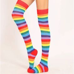 Multi-Color Rainbow Colored Striped Over Knee Thigh High Socks Nwt One-Size Lgbtq Outfit, Funny Socks Women, Skateboard Style, Striped Knee High Socks, Thigh High Sock, Large Size Womens Shoes, Rainbow Socks, Clothes Wishlist, Over Knee Socks