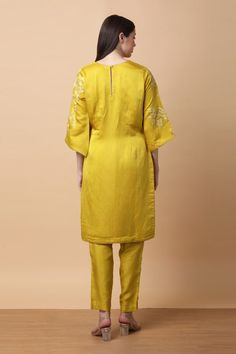 Mustard kurta with floral dori embroidery. Paired with coordinating pant and dupatta. - Aza Fashions Unstitched Silk Pant Set, Unstitched Raw Silk Sets, Silk Designer Wear Sets With Straight Pants, Designer Silk Sets With Straight Pants, Fitted Slub Silk Sets With Embroidery, Festive Silk Sets With Straight Pants, Festive Silk Set With Straight Pants, Silk Sets With Chikankari Embroidery, Fitted Silk Pant Set For Festivals