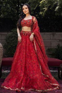 Red attached cancan lehenga with all over floral prints and floral embroidered waistband. Paired with a padded blouse with floral embroidery and dupatta with floral prints and scallop trimmed border. - Aza Fashions Floral Print Organza Lehenga With Traditional Drape, Festival Organza Choli With Floral Print, Festival Floral Print Organza Choli, Navratri Floral Print Organza Lehenga, Fitted Organza Lehenga With Floral Print, Festive Organza Lehenga With Floral Print, Floral Print Semi-stitched Lehenga In Organza, Floral Print Semi-stitched Organza Lehenga, Festive Floral Print Organza Lehenga