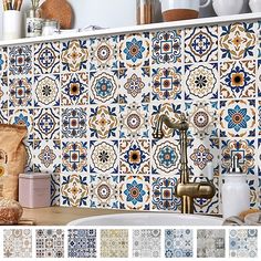 a kitchen with blue and white tiles on the wall, counter top and sink area