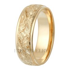 14K Solid Yellow Gold Mens Hand Engraved Wedding Bands